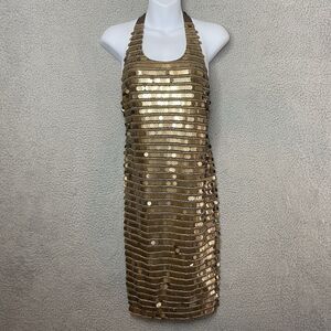 New BCBG Sequin Gold NYE Bronze Iman Mini Dress Small Coin Criss Cross Back NWT